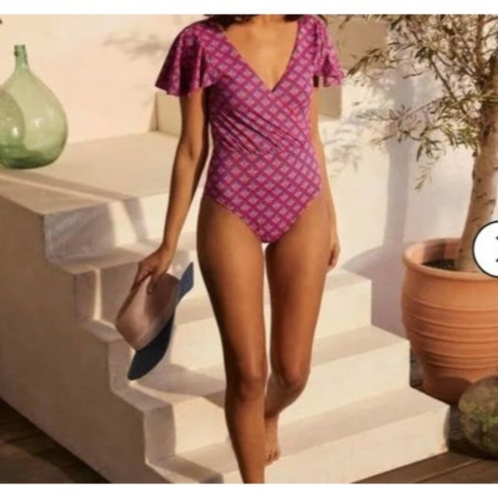 Boden Limnos wrap flutter sleeve one piece swimsuit size 14 red blue cruise beac